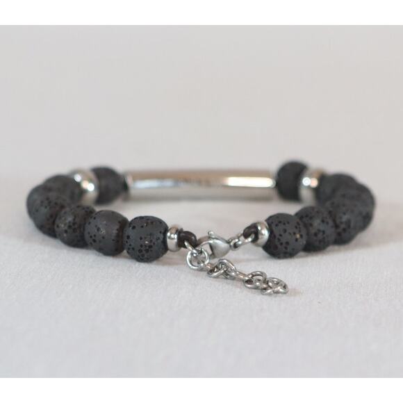 Bohemian Bracelet Silver Tone Chain Lava Stone Black Beads Lobster Claw Clasp - Picture 6 of 8